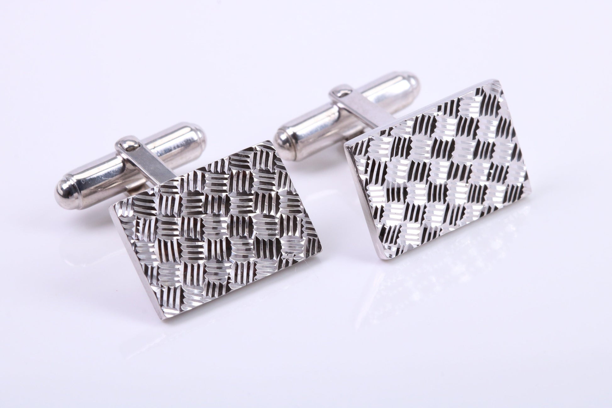 Machine Patterned Large Rectangle Solid Silver Cufflinks