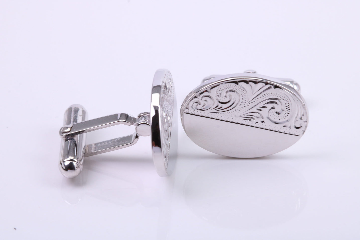 Hand Engraved Large Oval Solid Silver Cufflinks