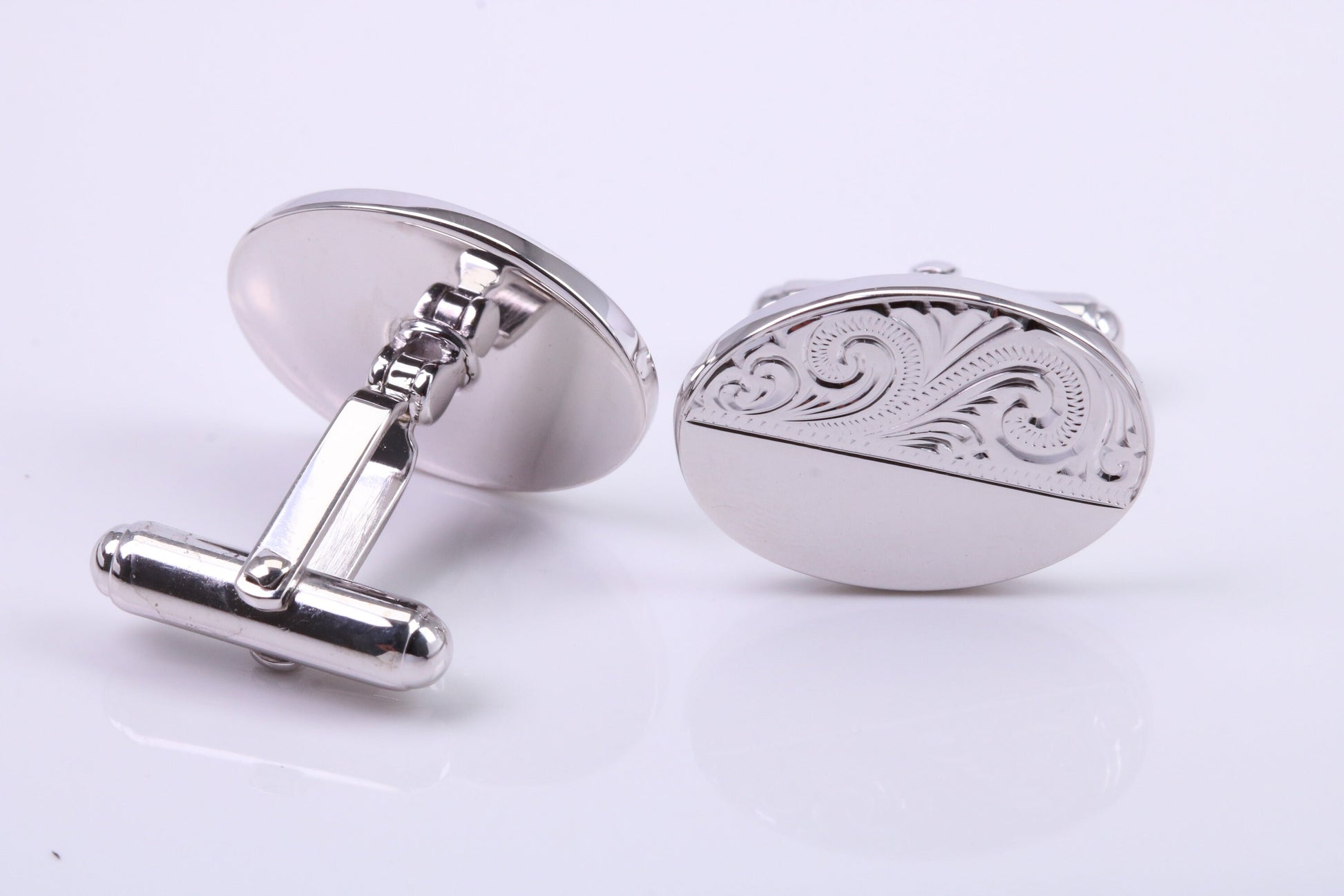 Hand Engraved Large Oval Solid Silver Cufflinks