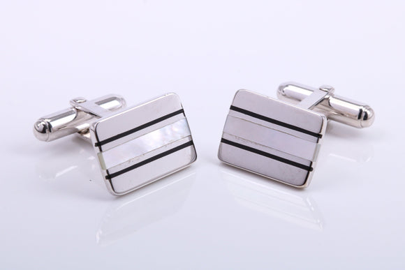 Black Onyx and Mother of Pearl set Rectangle Solid Silver Cufflinks