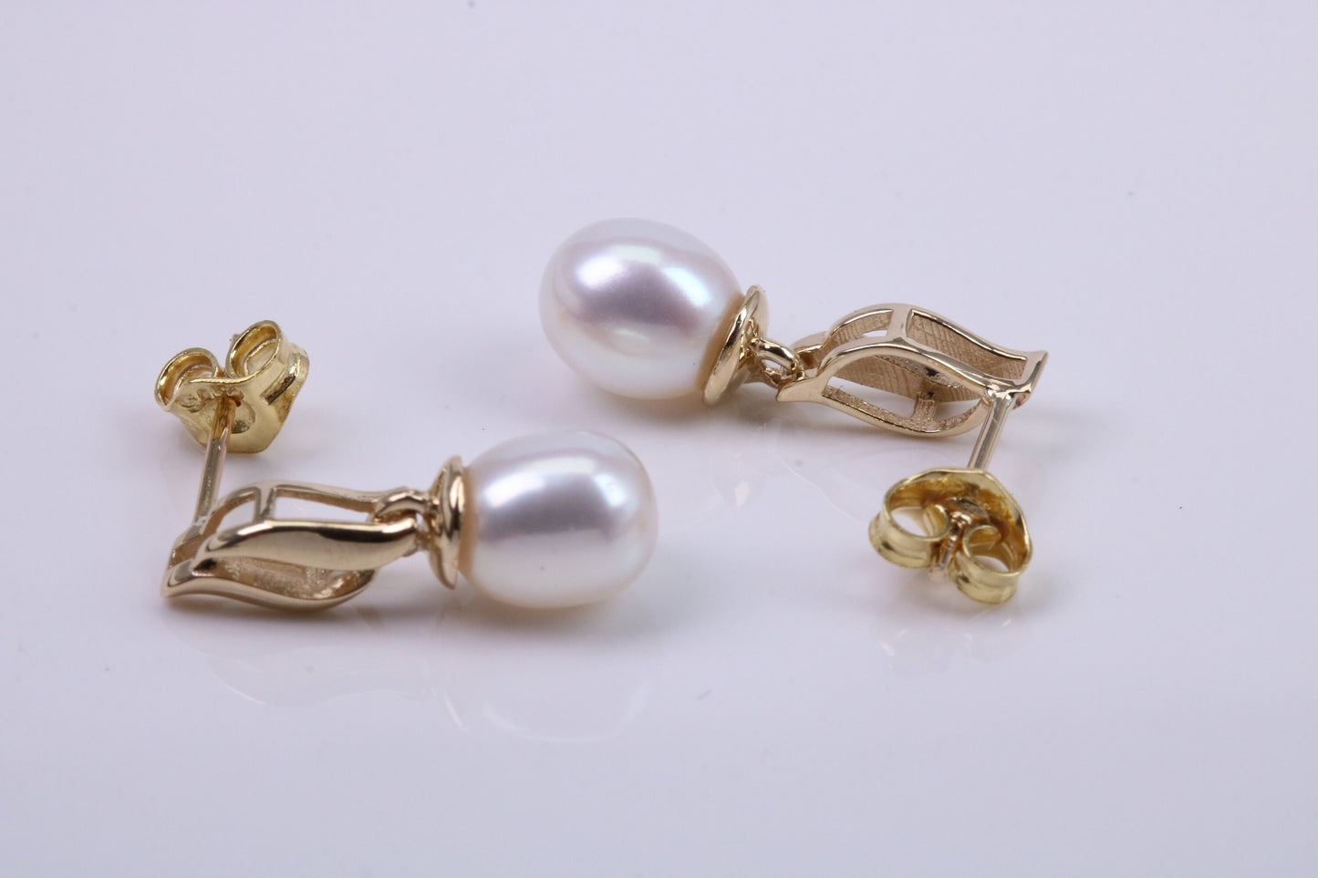 Natural Freshwater Pearl Stud Dropper Earrings set in Solid Yellow Gold