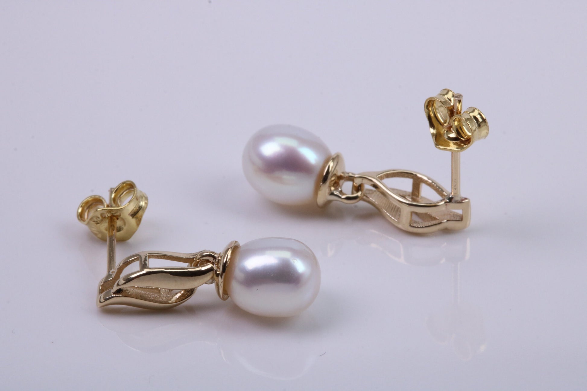 Natural Freshwater Pearl Stud Dropper Earrings set in Solid Yellow Gold