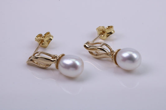 Natural Freshwater Pearl Stud Dropper Earrings set in Solid Yellow Gold