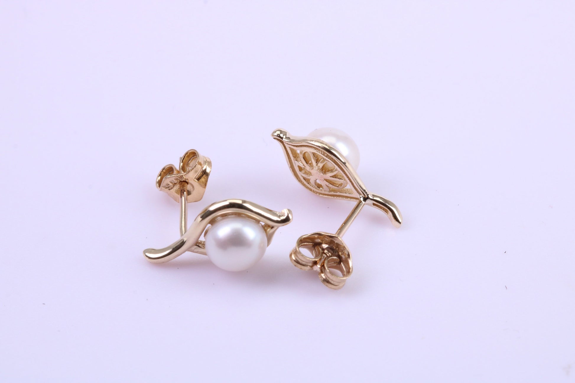 Round Natural Freshwater Pearl Stud Dropper Earrings set in Solid Yellow Gold