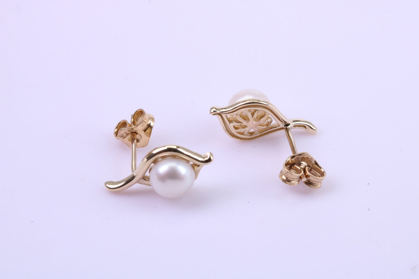 Round Natural Freshwater Pearl Stud Dropper Earrings set in Solid Yellow Gold