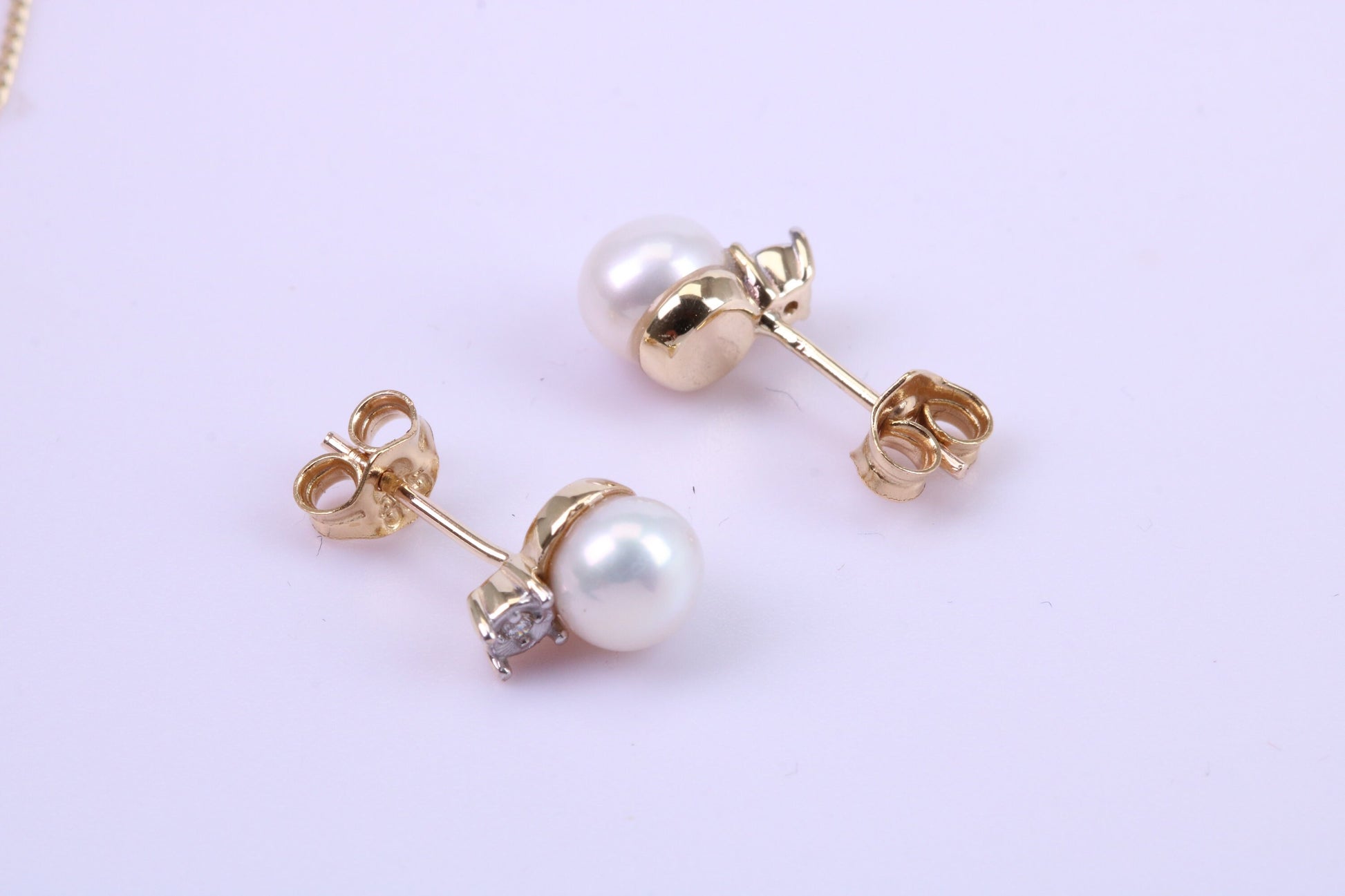 Round Natural Freshwater Pearl Stud Dropper Earrings set in Solid Yellow Gold