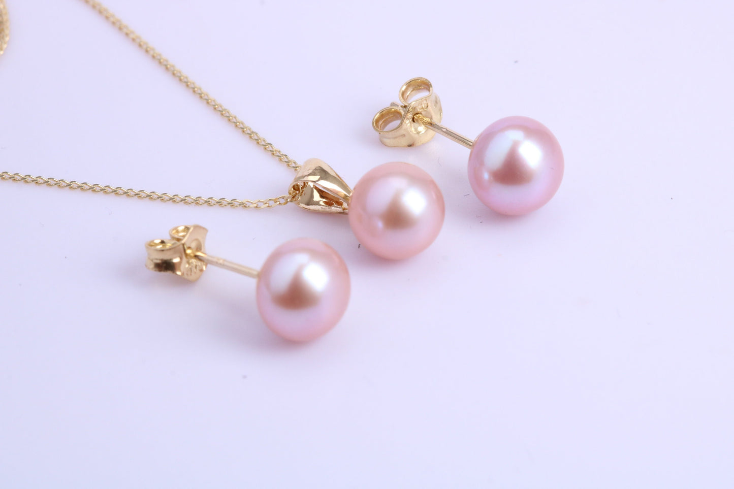 Round Natural Freshwater Pearl Stud Earrings with Matching Necklace set in Solid Yellow Gold