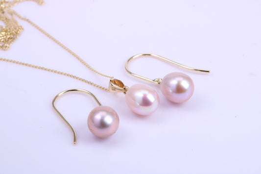 Teardrop Pearl Necklace and Matching Earrings set in Solid Yellow Gold Together with 18 Inch Yellow Gold Chain