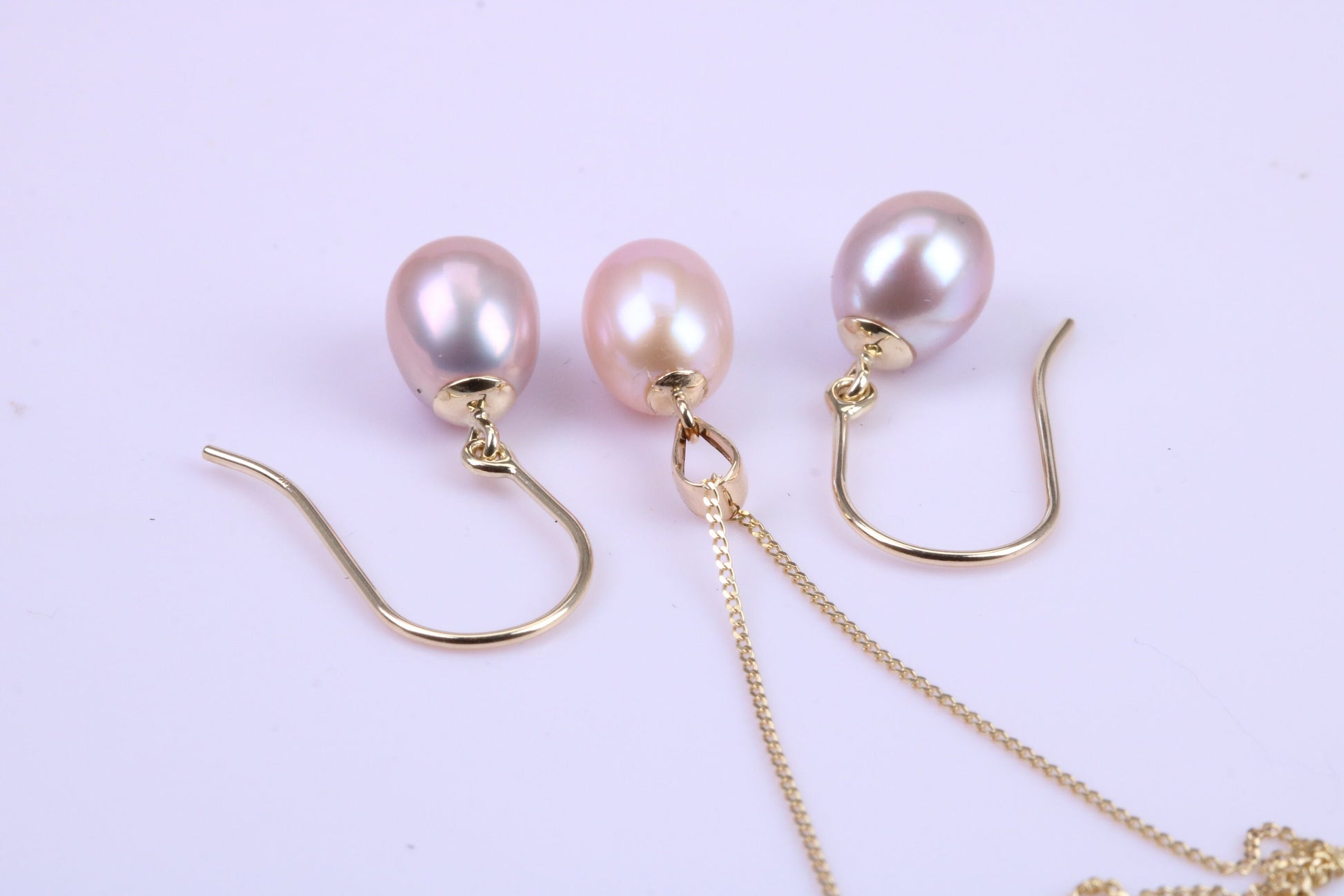 Teardrop Pearl Necklace and Matching Earrings set in Solid Yellow Gold Together with 18 Inch Yellow Gold Chain