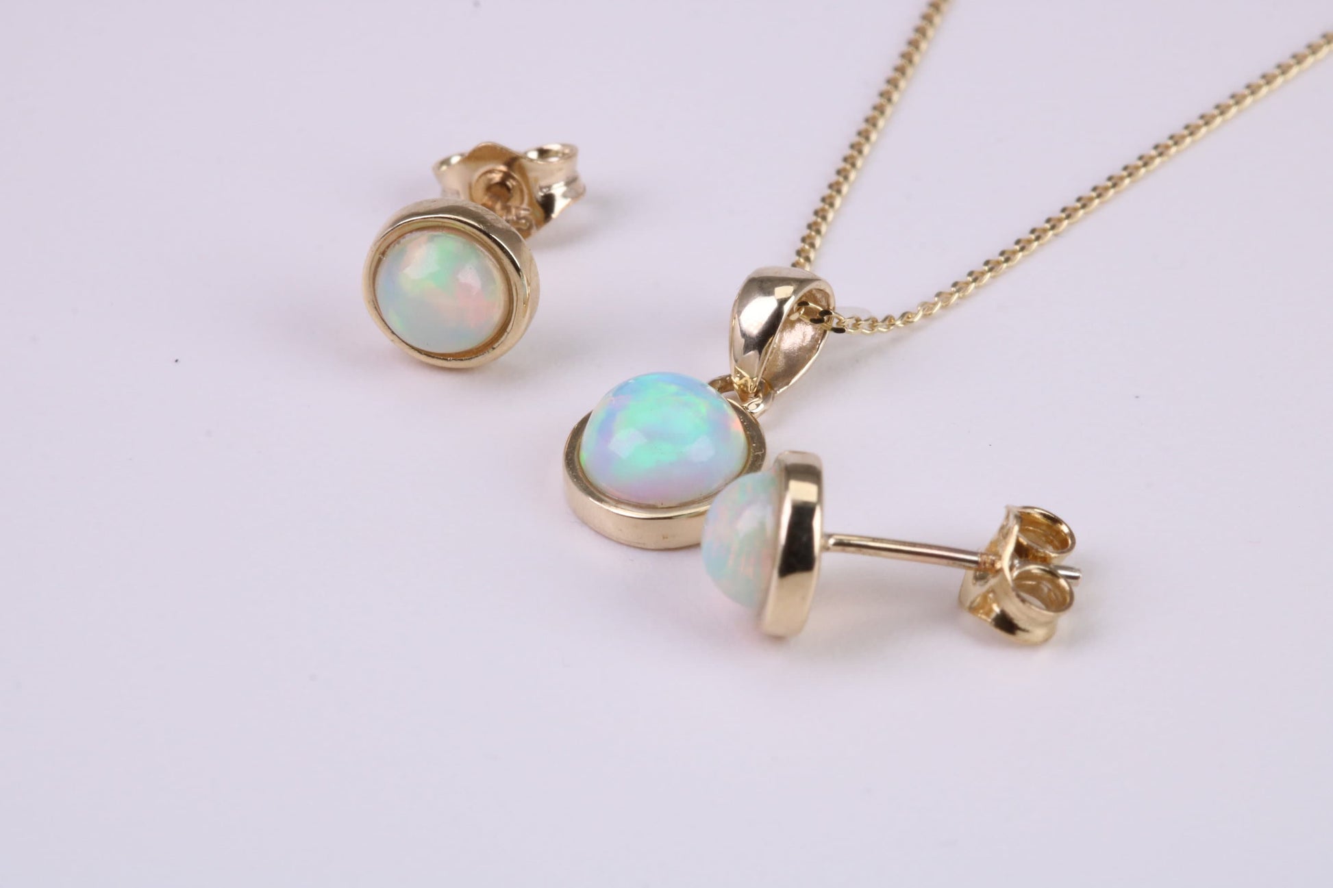 Natural Round cut Opal set Stud Earrings with Necklace, Made from Solid Yellow Gold, With 18 Inch Long Chain