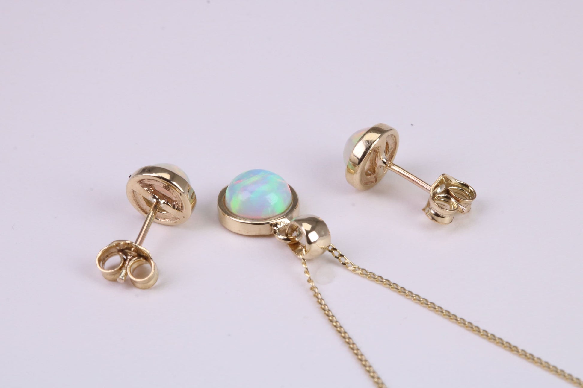 Natural Round cut Opal set Stud Earrings with Necklace, Made from Solid Yellow Gold, With 18 Inch Long Chain