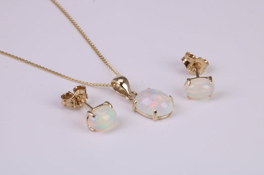 Natural Oval cut Opal set Stud Earrings with Necklace, Made from Solid Yellow Gold, With 18 Inch Long Chain