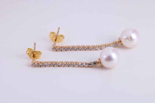 8 mm Round Natural Freshwater Pearl and C Z set Dropper Earrings set in Solid Silver with 18ct Yellow Gold Plating