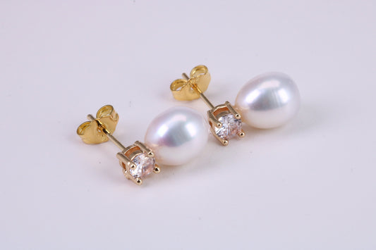 Oval Natural Freshwater Pearl and C Z set Stud Dropper Earrings set in Solid Silver and 18ct Yellow Gold Plated
