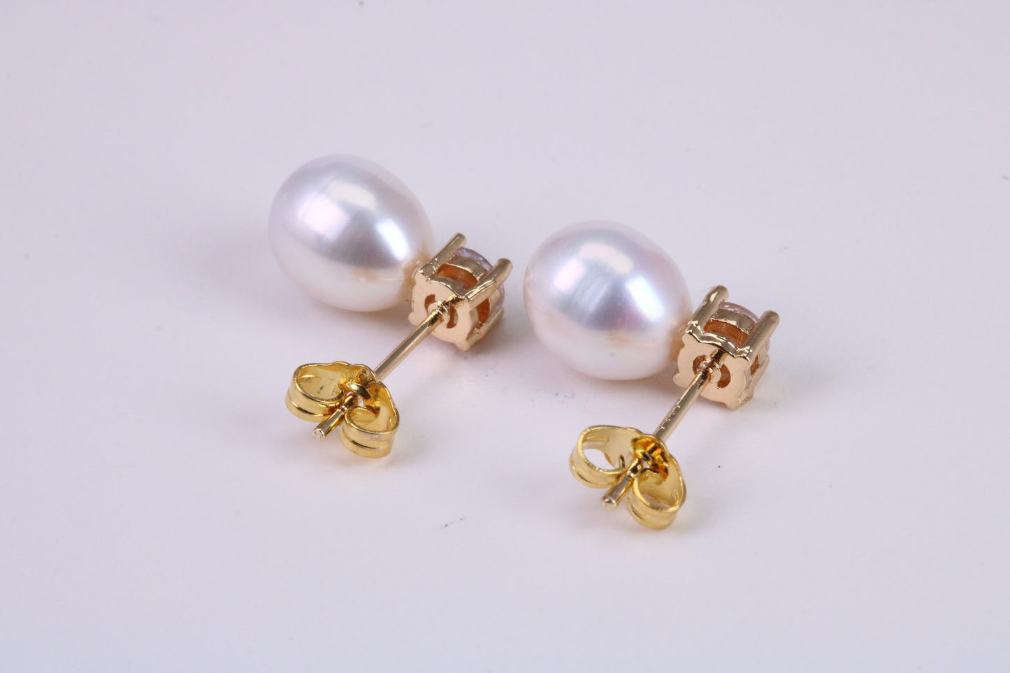 Oval Natural Freshwater Pearl and C Z set Stud Dropper Earrings set in Solid Silver and 18ct Yellow Gold Plated