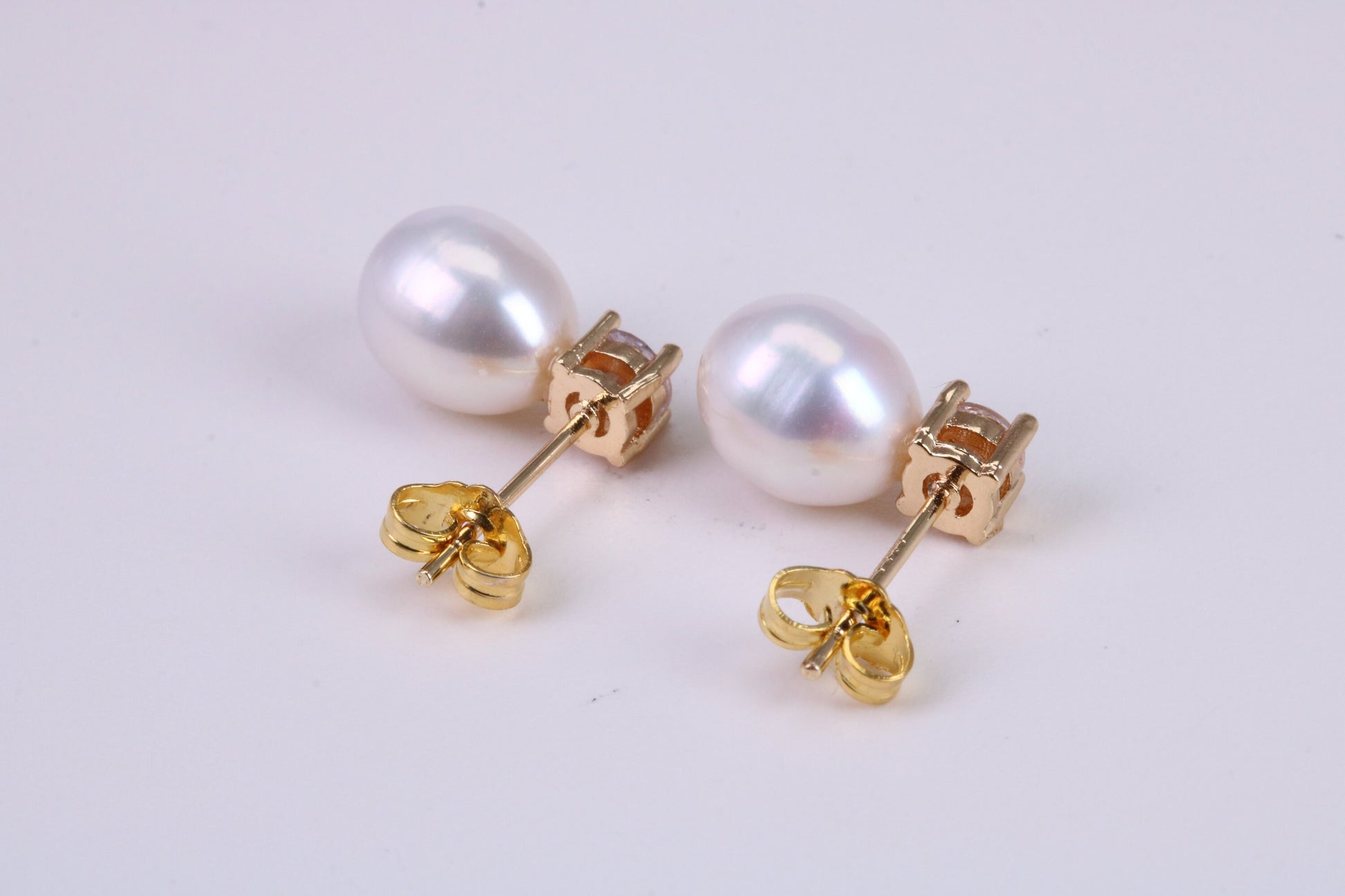 Oval Natural Freshwater Pearl and C Z set Stud Dropper Earrings set in Solid Silver and 18ct Yellow Gold Plated