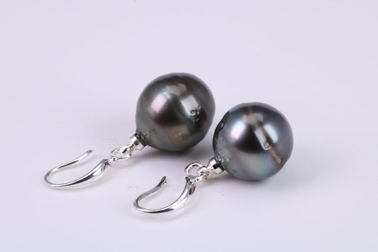 Natural Tahitian 12 mm Round Pearl Dropper Earrings set in Solid Silver