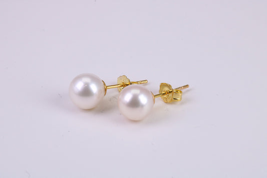 Natural 9 mm Round Pearl Stud Earrings set in Solid Silver and 18ct Yellow Gold Plated