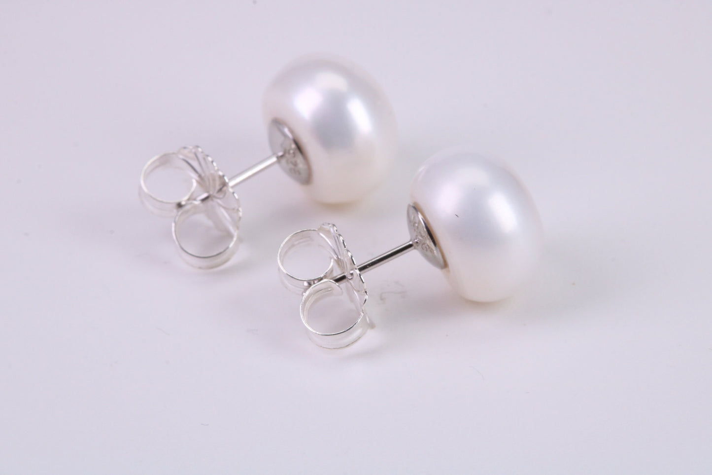 Natural 14 mm Round Pearl Stud Earrings set in Solid Silver