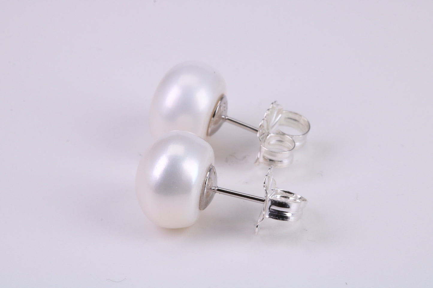 Natural 14 mm Round Pearl Stud Earrings set in Solid Silver