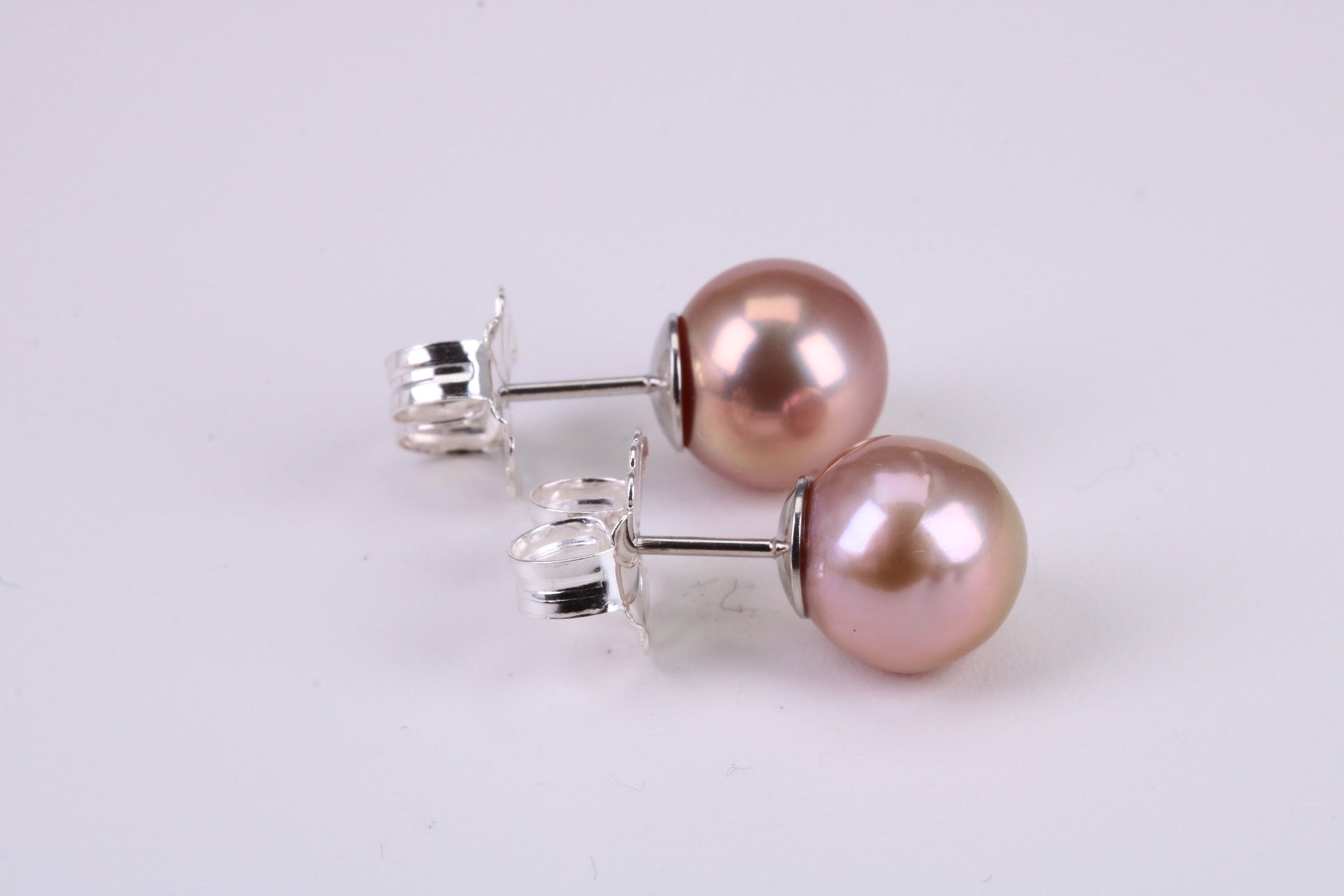 Natural 10 mm Round Coppery Pink Colour Pearl Stud Earrings set in Solid Silver