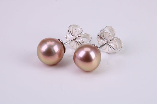 Natural 10 mm Round Coppery Pink Colour Pearl Stud Earrings set in Solid Silver