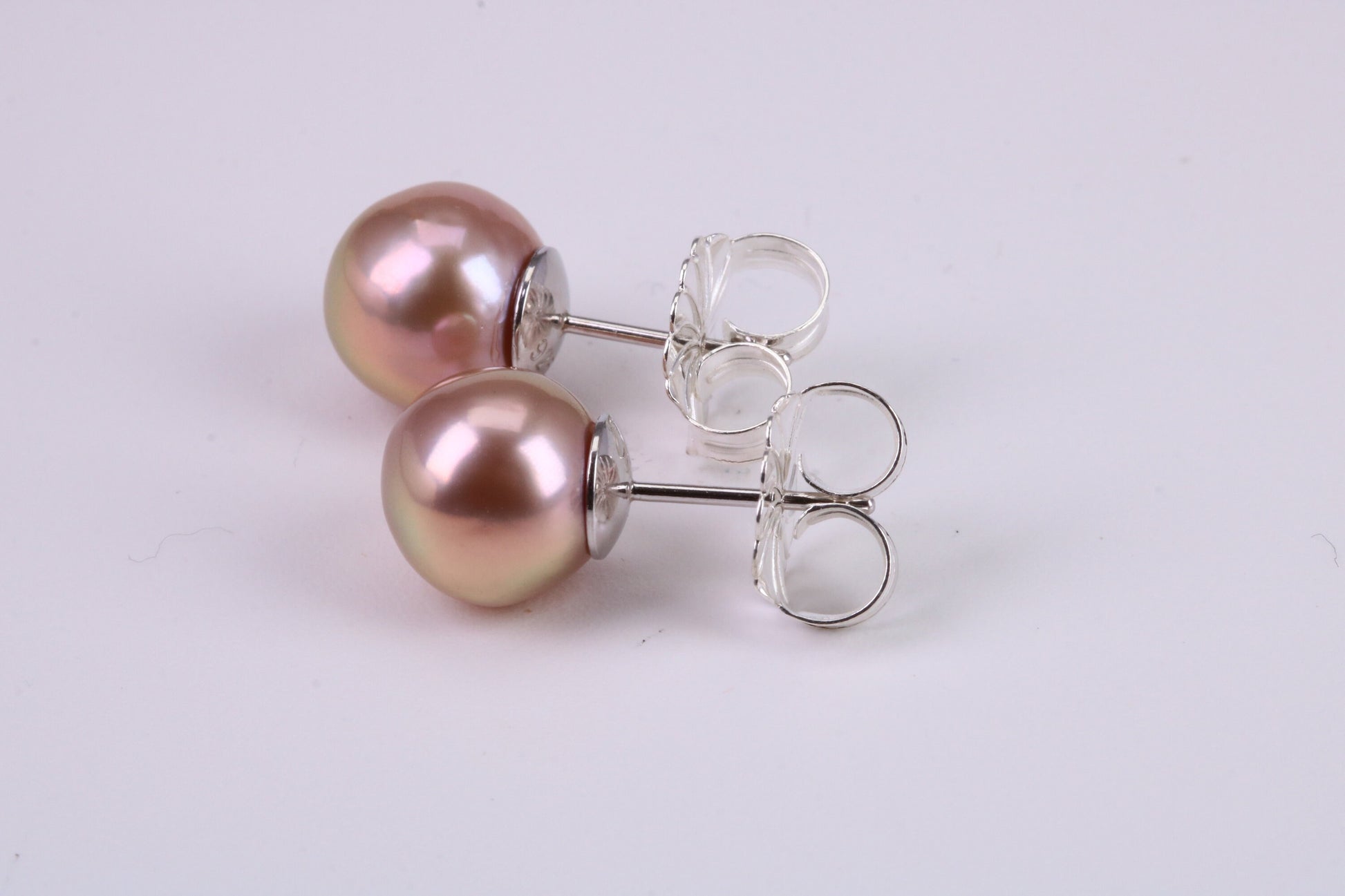 Natural 10 mm Round Coppery Pink Colour Pearl Stud Earrings set in Solid Silver