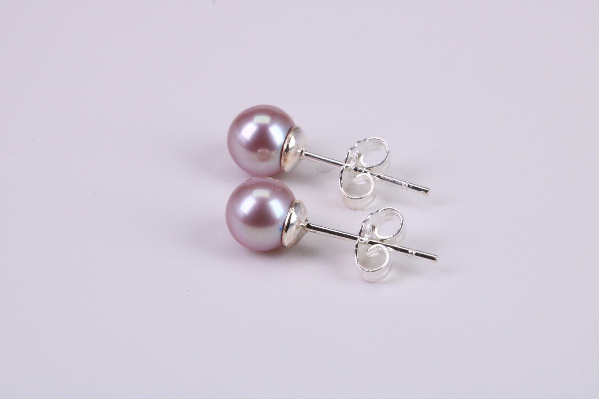 Natural 7 mm Round Purple Pink Colour Pearl Stud Earrings set in Solid Silver