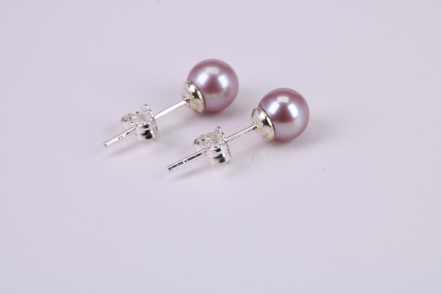 Natural 7 mm Round Purple Pink Colour Pearl Stud Earrings set in Solid Silver