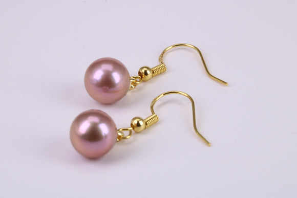 10 mm Round Natural Pink Purple Pearl Dropper Earrings set in Solid Silver and 18ct Yellow Gold Plated