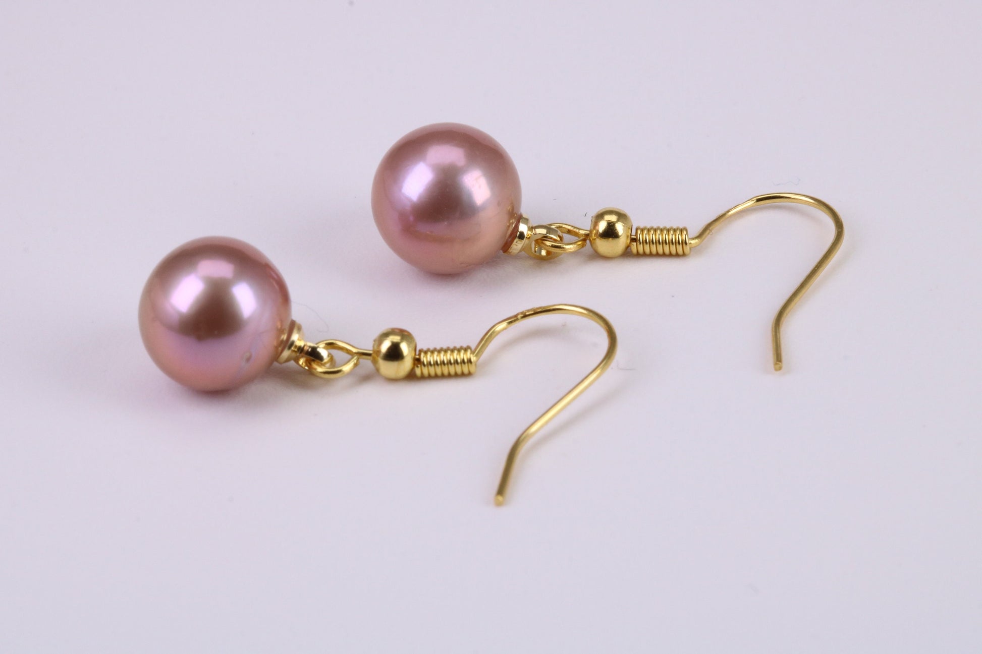 10 mm Round Natural Pink Purple Pearl Dropper Earrings set in Solid Silver and 18ct Yellow Gold Plated
