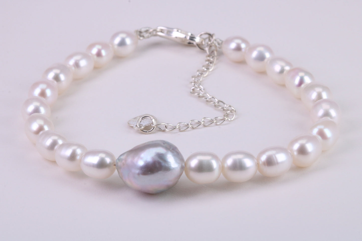 Natural Oval Shaped Pearl Bracelet, made from Sterling Silver with length Adjustable Chain