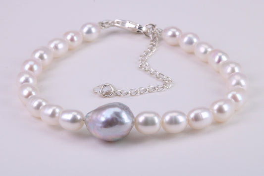 Natural Oval Shaped Pearl Bracelet, made from Sterling Silver with length Adjustable Chain