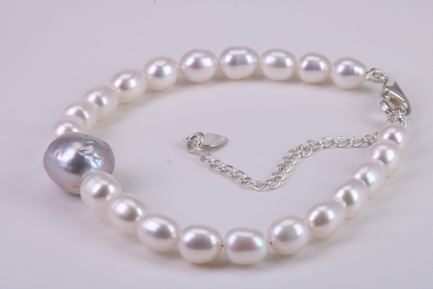 Natural Oval Shaped Pearl Bracelet, made from Sterling Silver with length Adjustable Chain