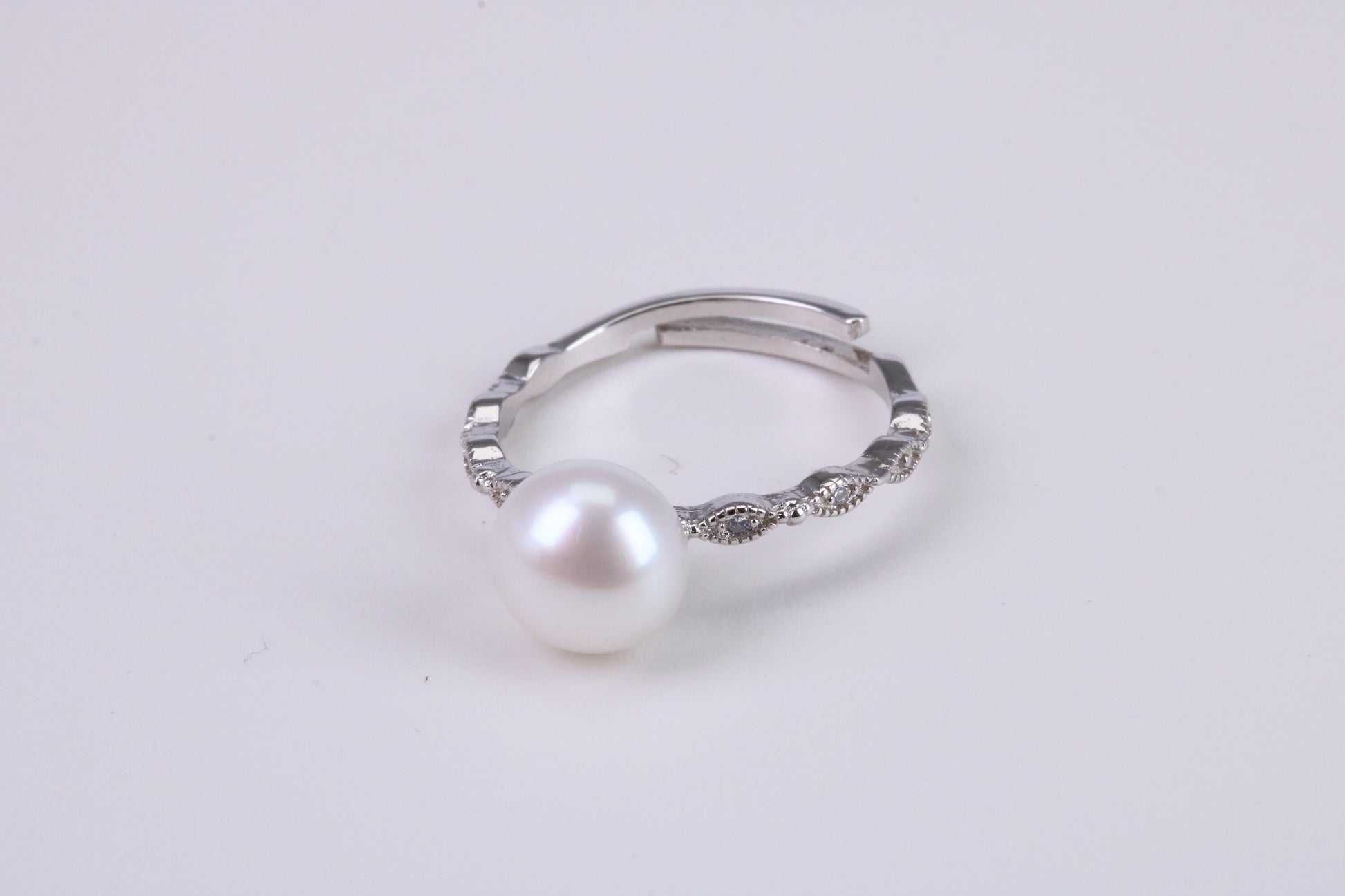 Natural 8 mm Round Pearl and Cubic Zirconia set Ring set in Solid Silver