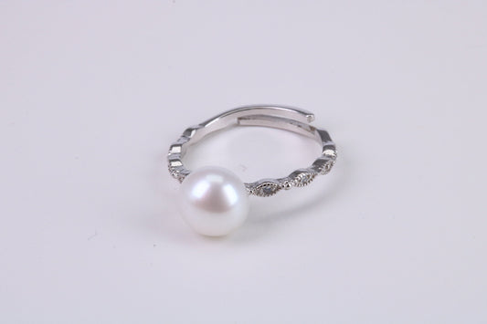 Natural 8 mm Round Pearl and Cubic Zirconia set Ring set in Solid Silver