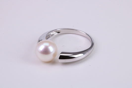 Natural 9 mm Round Pearl set Open Ended Ring set in Solid Silver