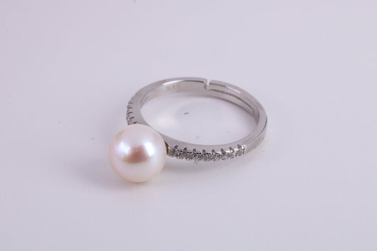 Natural 8 mm Round Pearl and Cubic Zirconia set Ring set in Solid Silver