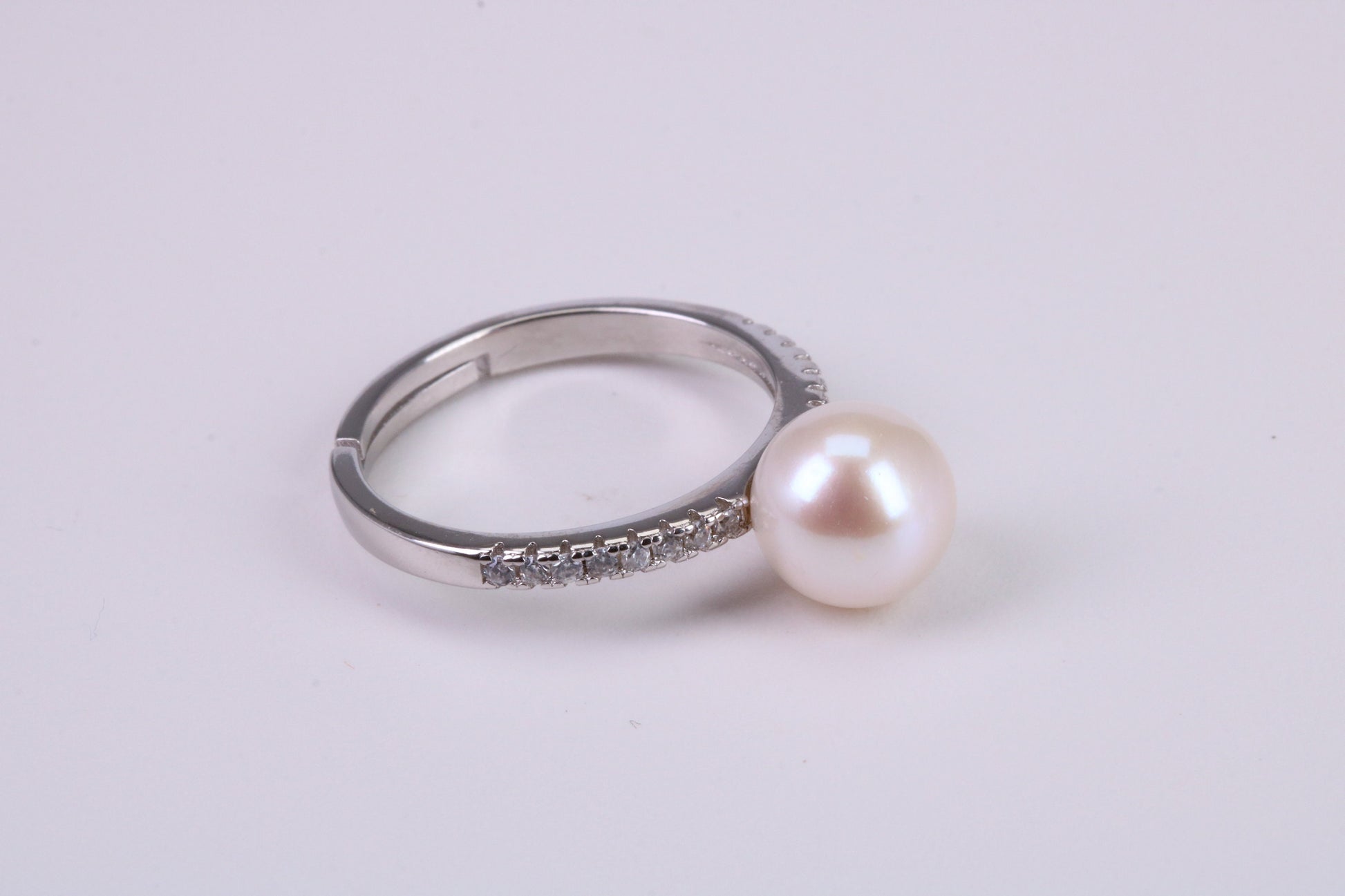 Natural 8 mm Round Pearl and Cubic Zirconia set Ring set in Solid Silver