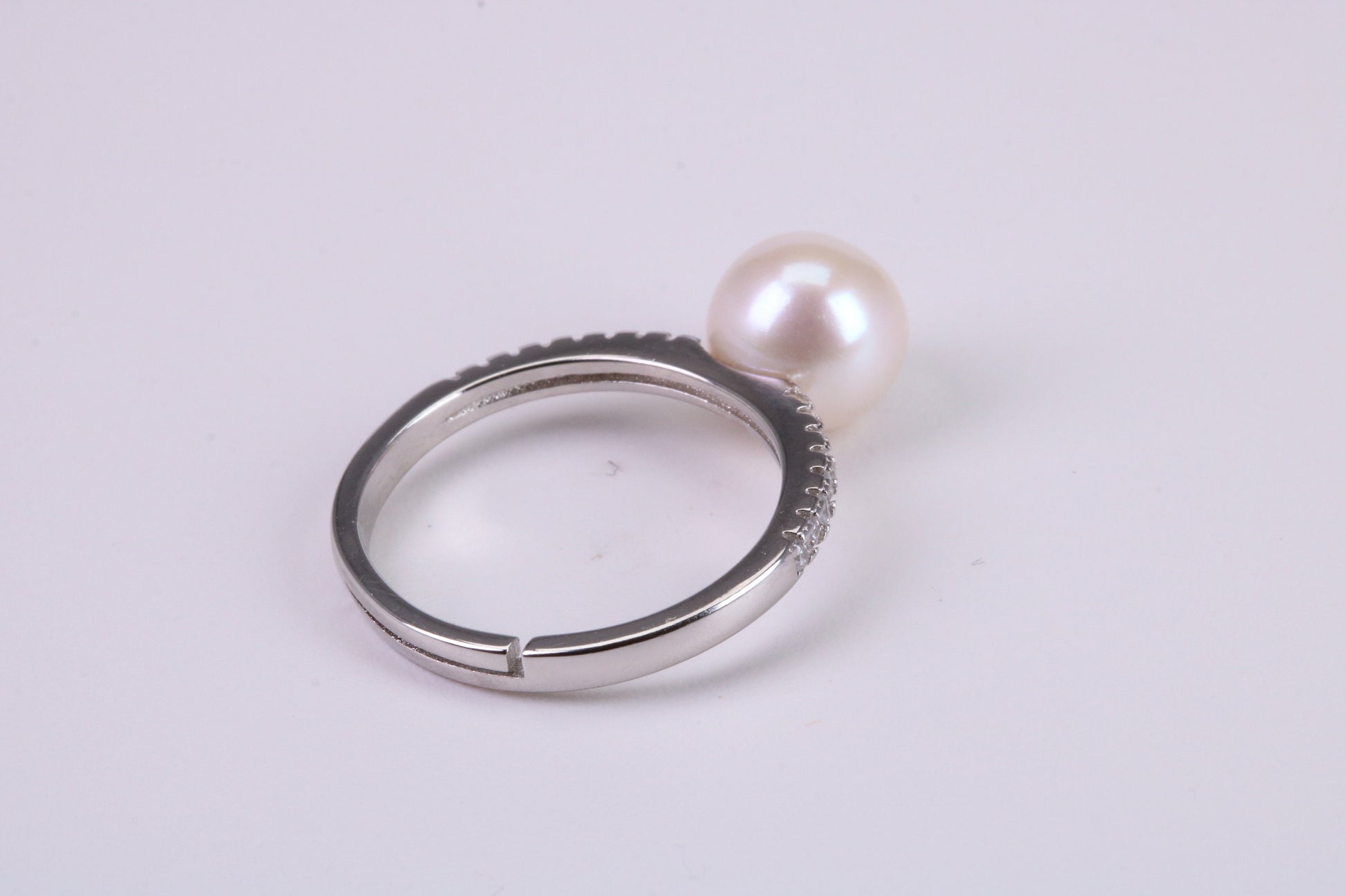 Natural 8 mm Round Pearl and Cubic Zirconia set Ring set in Solid Silver