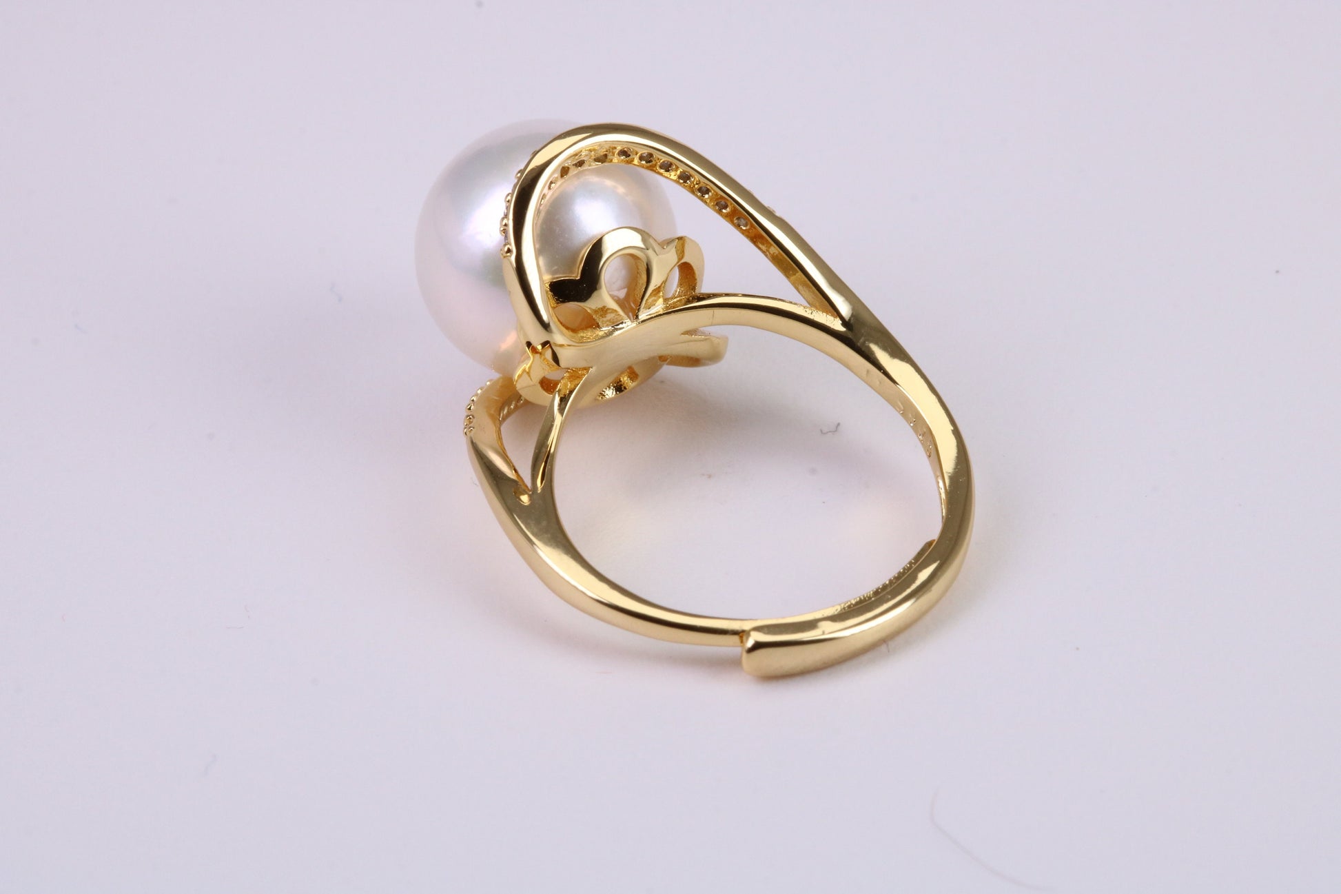 Natural 11 mm Round Pearl and Cubic Zirconia set Ring set in Solid Silver and Further 18ct Yellow Gold Plated