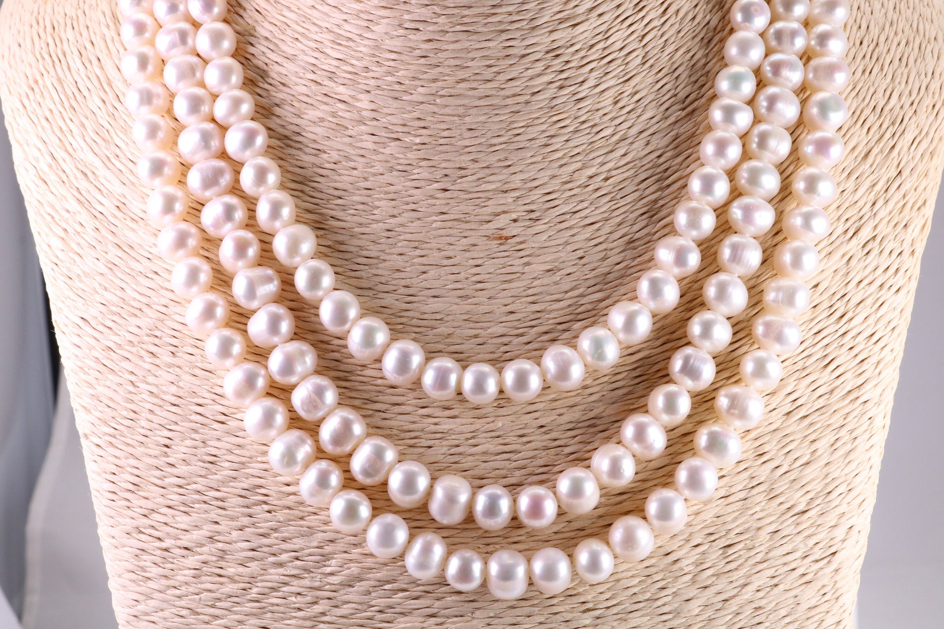 Three Strand Natural 7 mm Round Pearl Necklace set in Silver, Three Strands Measures 16, 18 and 20 inches Long