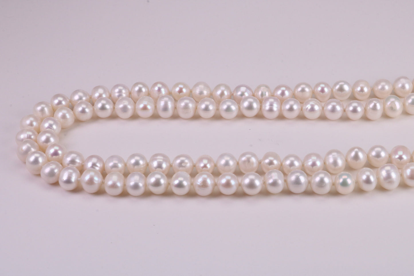 Two Strand Natural 8 mm Round Pearl Necklace set in Silver, Two Strands Measures 18 and 20 inches Long