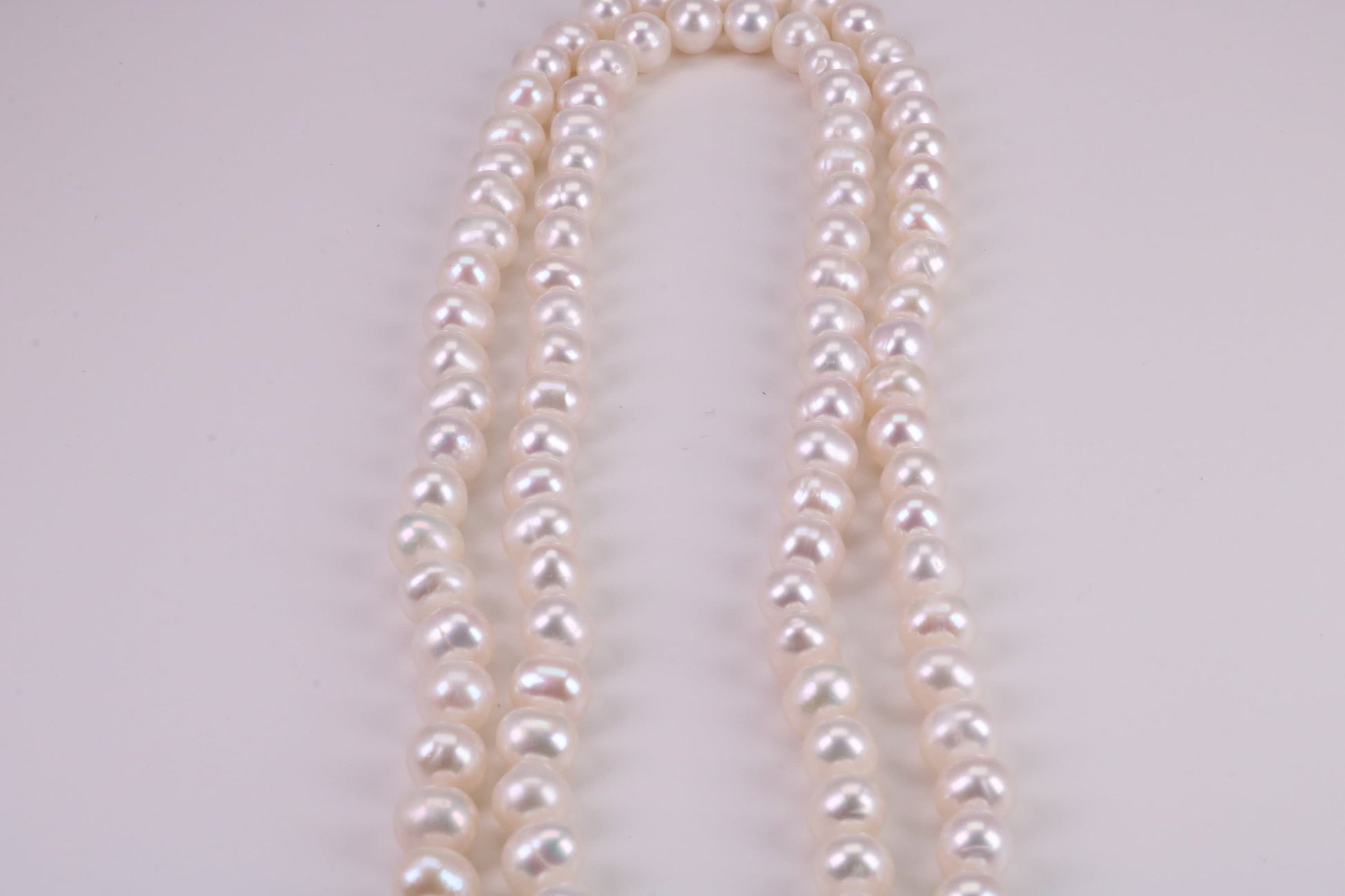 Two Strand Natural 8 mm Round Pearl Necklace set in Silver, Two Strands Measures 18 and 20 inches Long