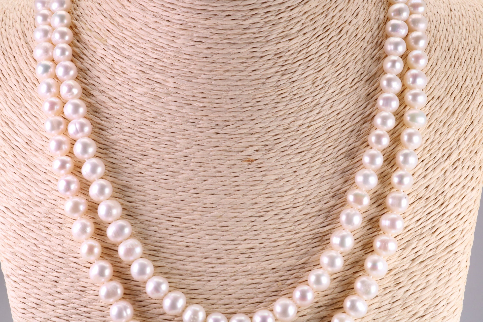 Two Strand Natural 8 mm Round Pearl Necklace set in Silver, Two Strands Measures 18 and 20 inches Long