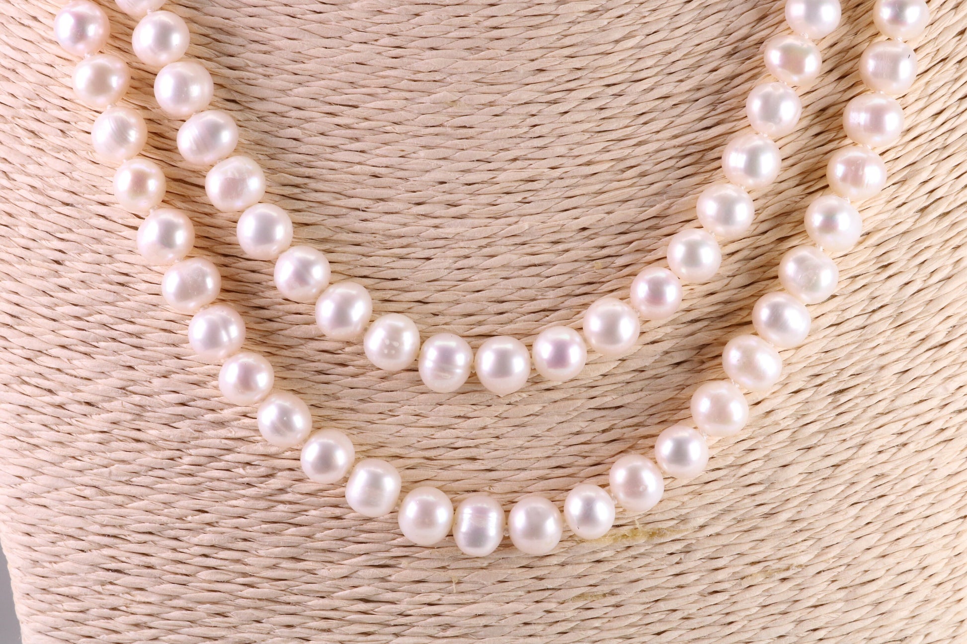 Two Strand Natural 8 mm Round Pearl Necklace set in Silver, Two Strands Measures 18 and 20 inches Long