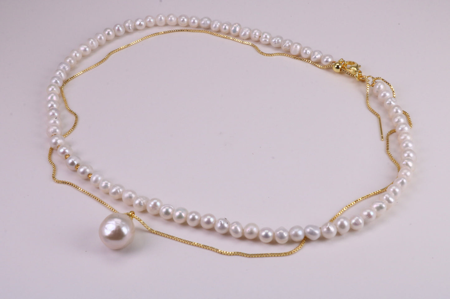 Single Strand Natural 8 mm Round Pearl Necklace with Single Pearl Pendant Chain set in Silver and 18ct Yellow Gold Plated