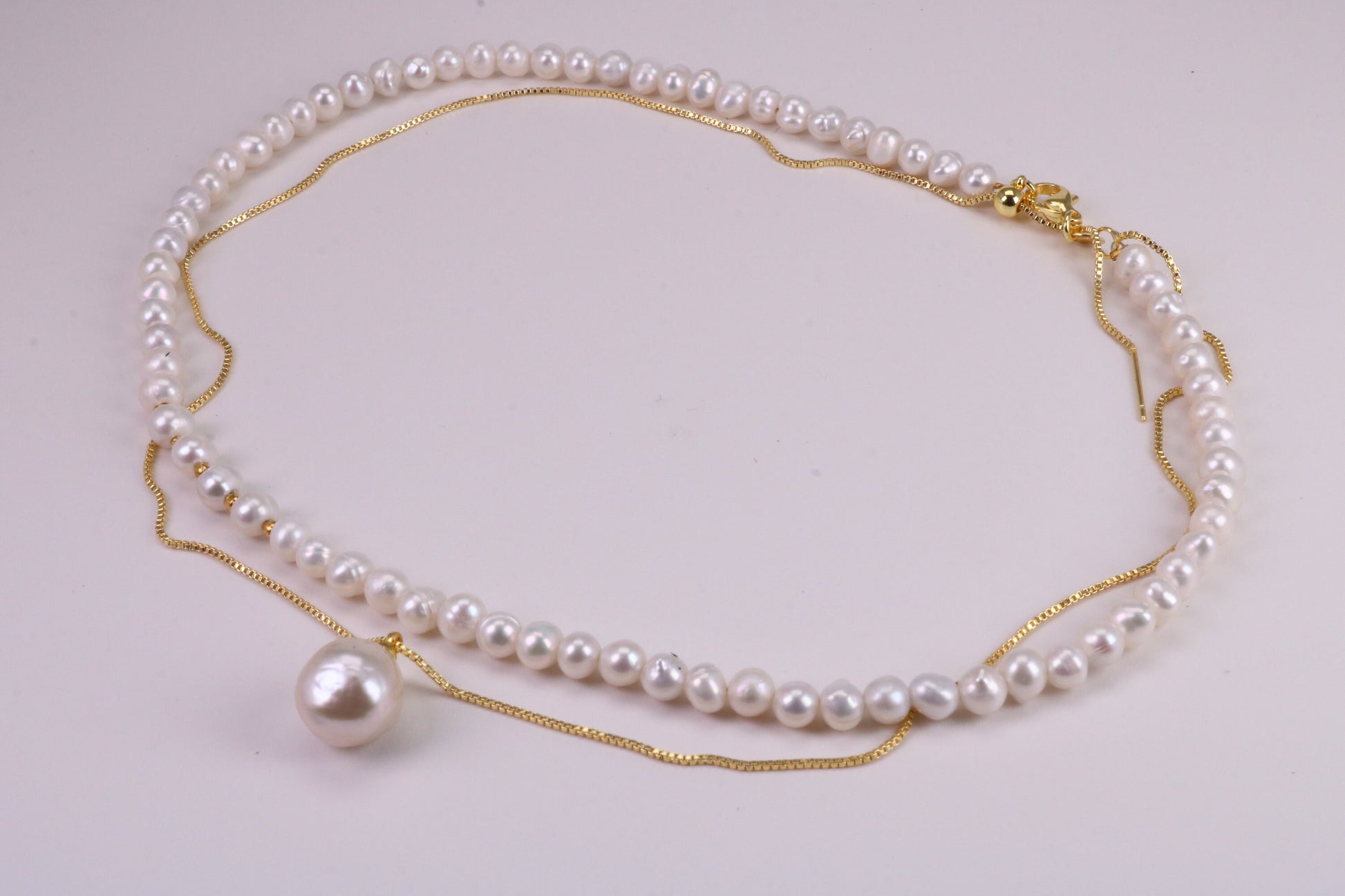 Single Strand Natural 8 mm Round Pearl Necklace with Single Pearl Pendant Chain set in Silver and 18ct Yellow Gold Plated