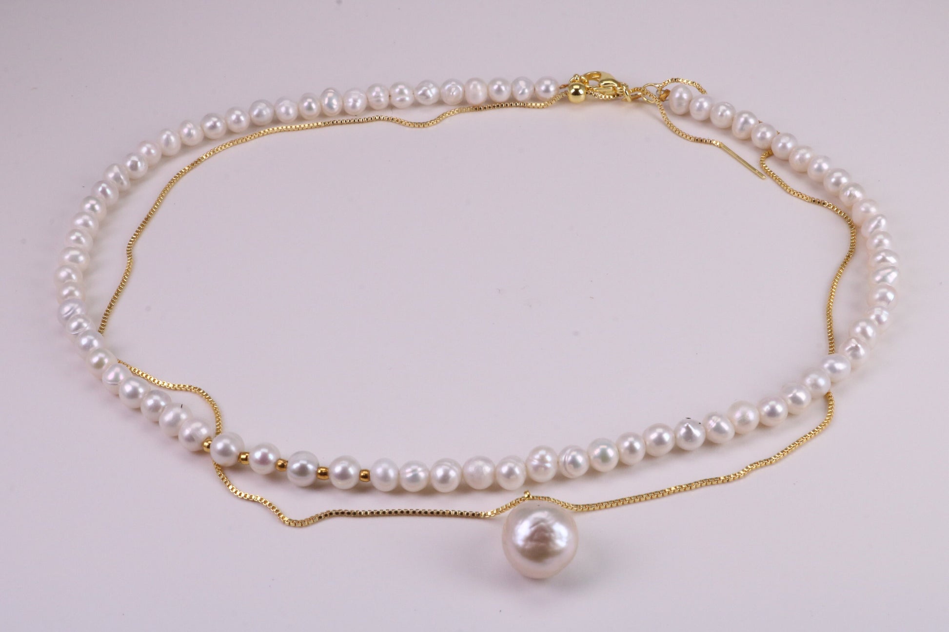 Single Strand Natural 8 mm Round Pearl Necklace with Single Pearl Pendant Chain set in Silver and 18ct Yellow Gold Plated