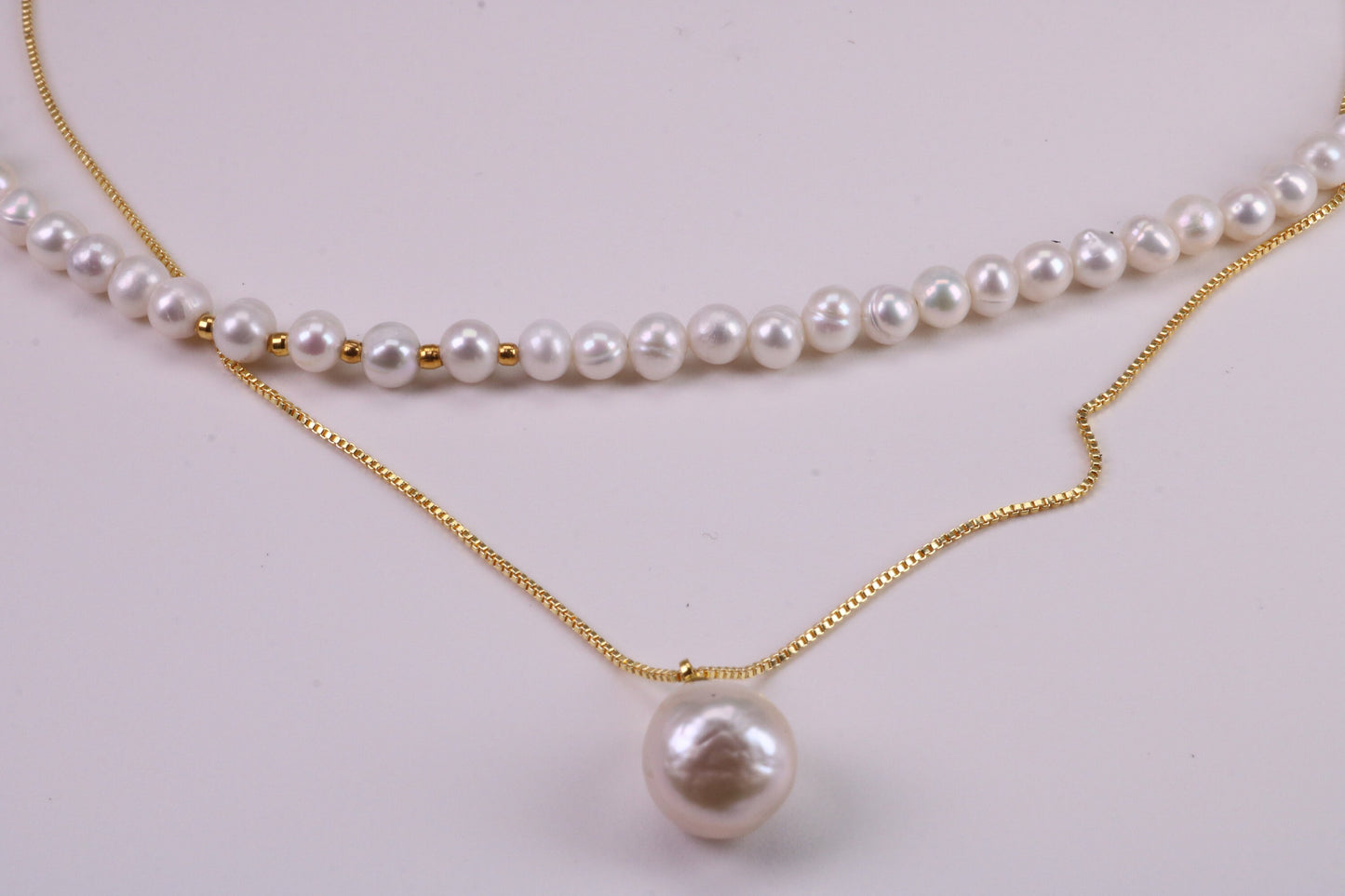 Single Strand Natural 8 mm Round Pearl Necklace with Single Pearl Pendant Chain set in Silver and 18ct Yellow Gold Plated